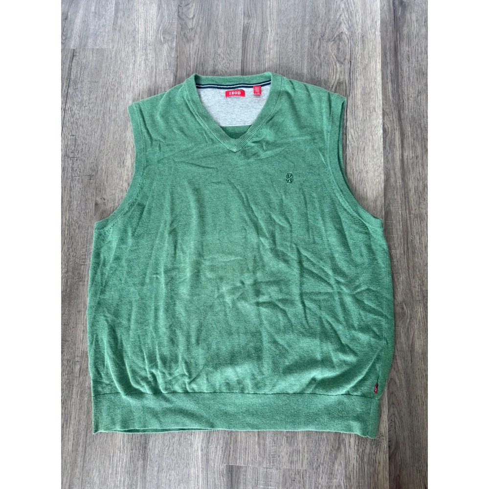 IZOD Mens Green Cotton V-Neck Sleeveless Sweater Vest XL Heathered‎ Knit Logo